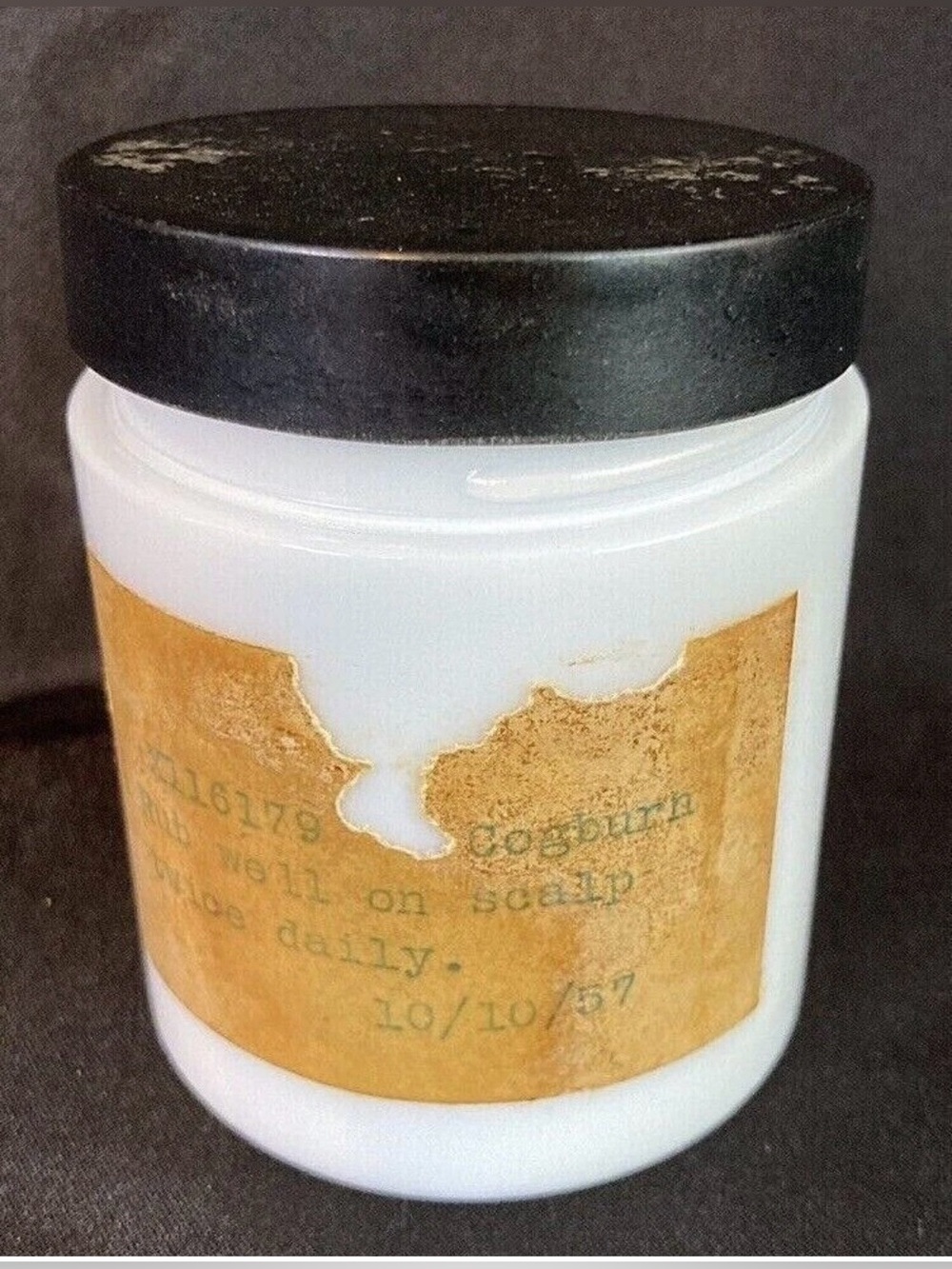 Vintage 1957 Empty Pharmacy Milk Glass Medicine Jar & Lid with Label
